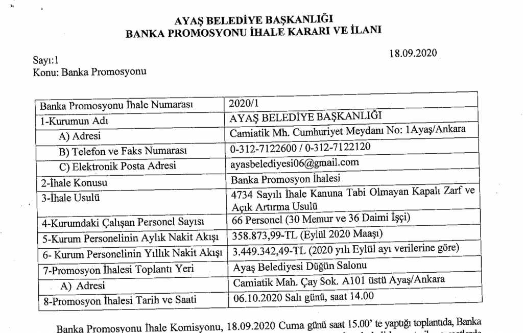 Ayaş Belediye Başkanlığı Banka Promosyonu İhale Kararı ve İlanı