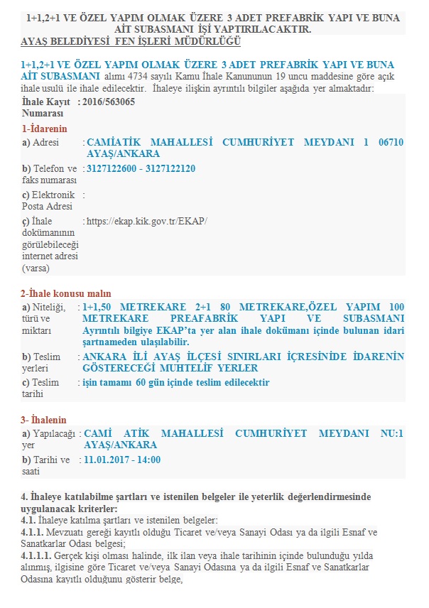 3 ADET PREFABRİK YAPI VE BUNA AİT SUBASMANI İŞİ İLANI 2016 YILI